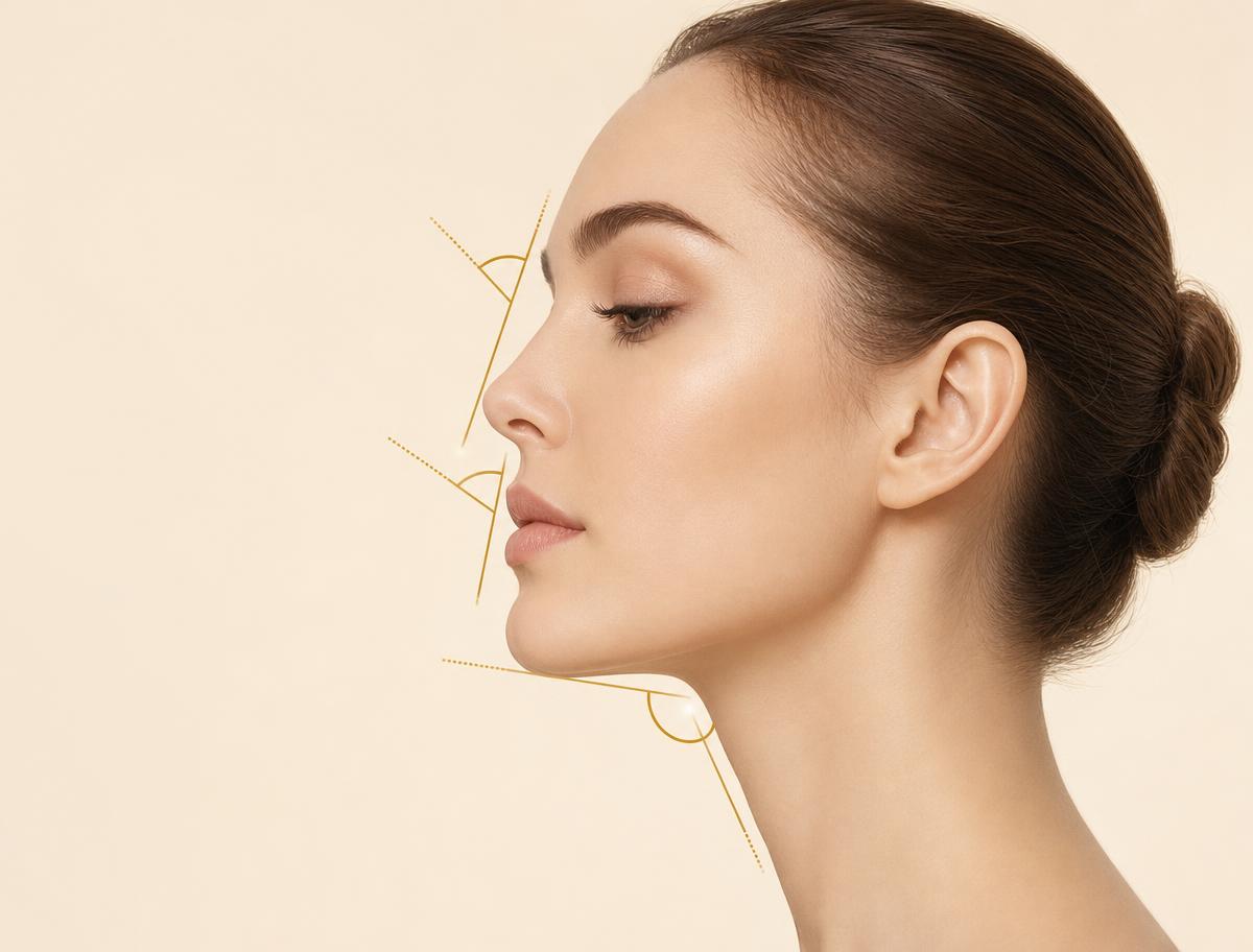 Perfil femenino con ángulos nasofrontal, nasolabial y mentocervical marcados en líneas doradas sobre fondo crema.
