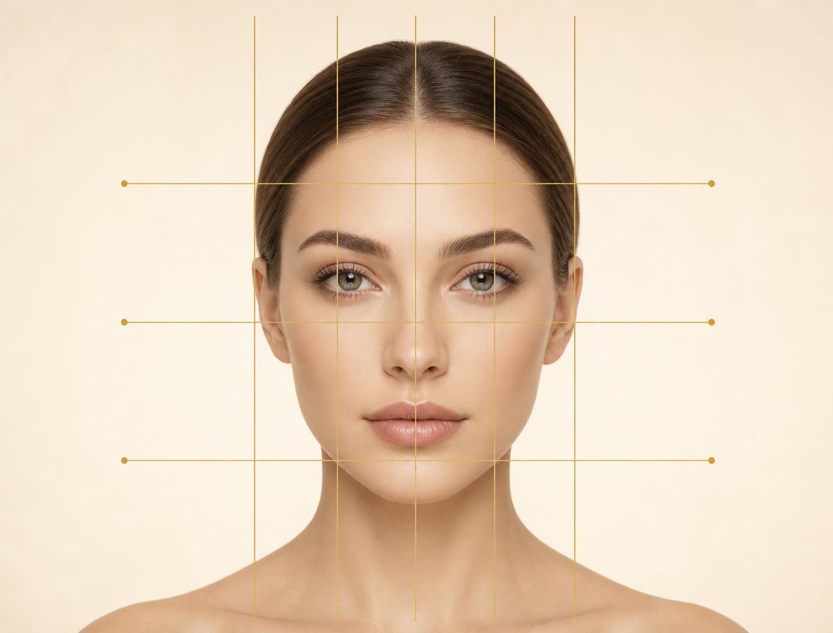Diagrama de tercios y quintos faciales sobre un rostro femenino de frente, con líneas doradas sobre fondo crema.