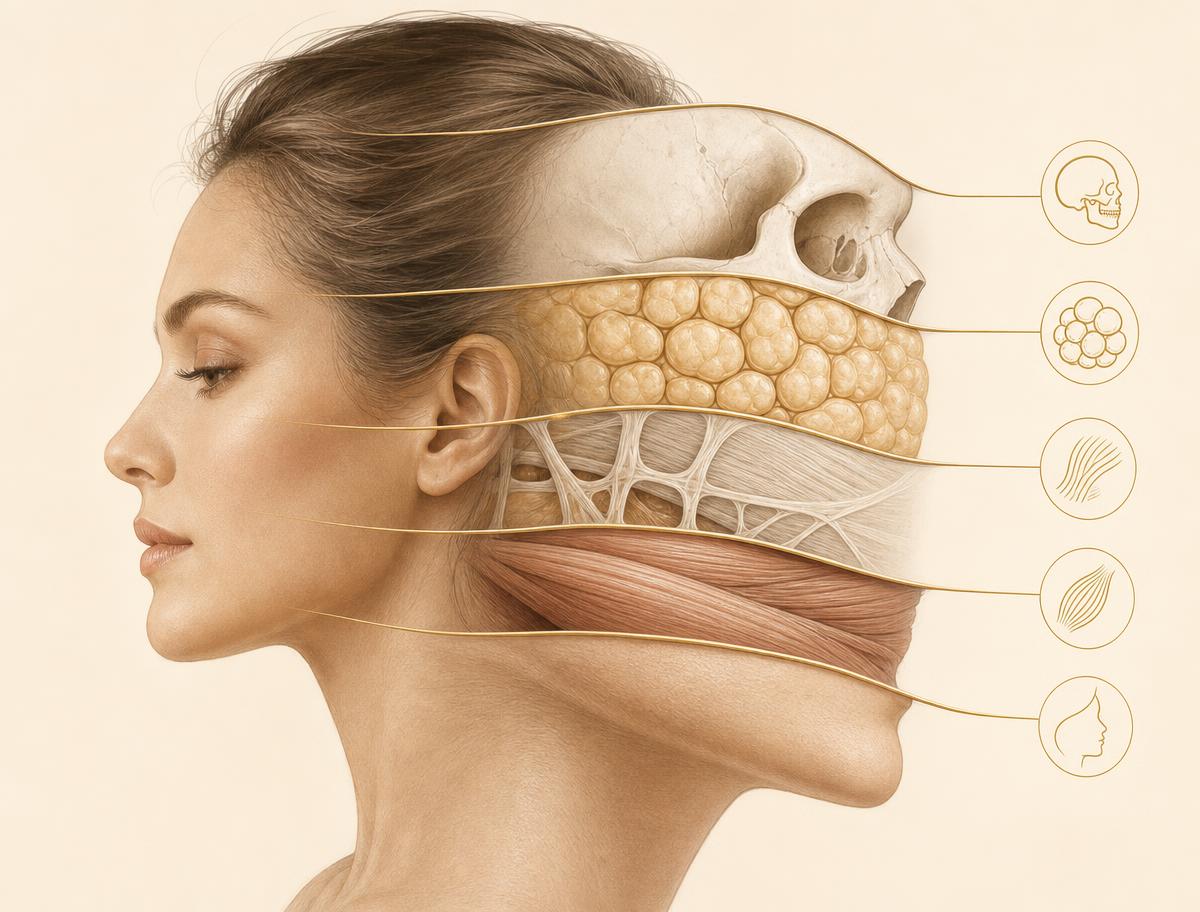 Ilustración médica editorial de las cinco capas del envejecimiento facial: hueso, grasa, ligamentos, músculos y piel.