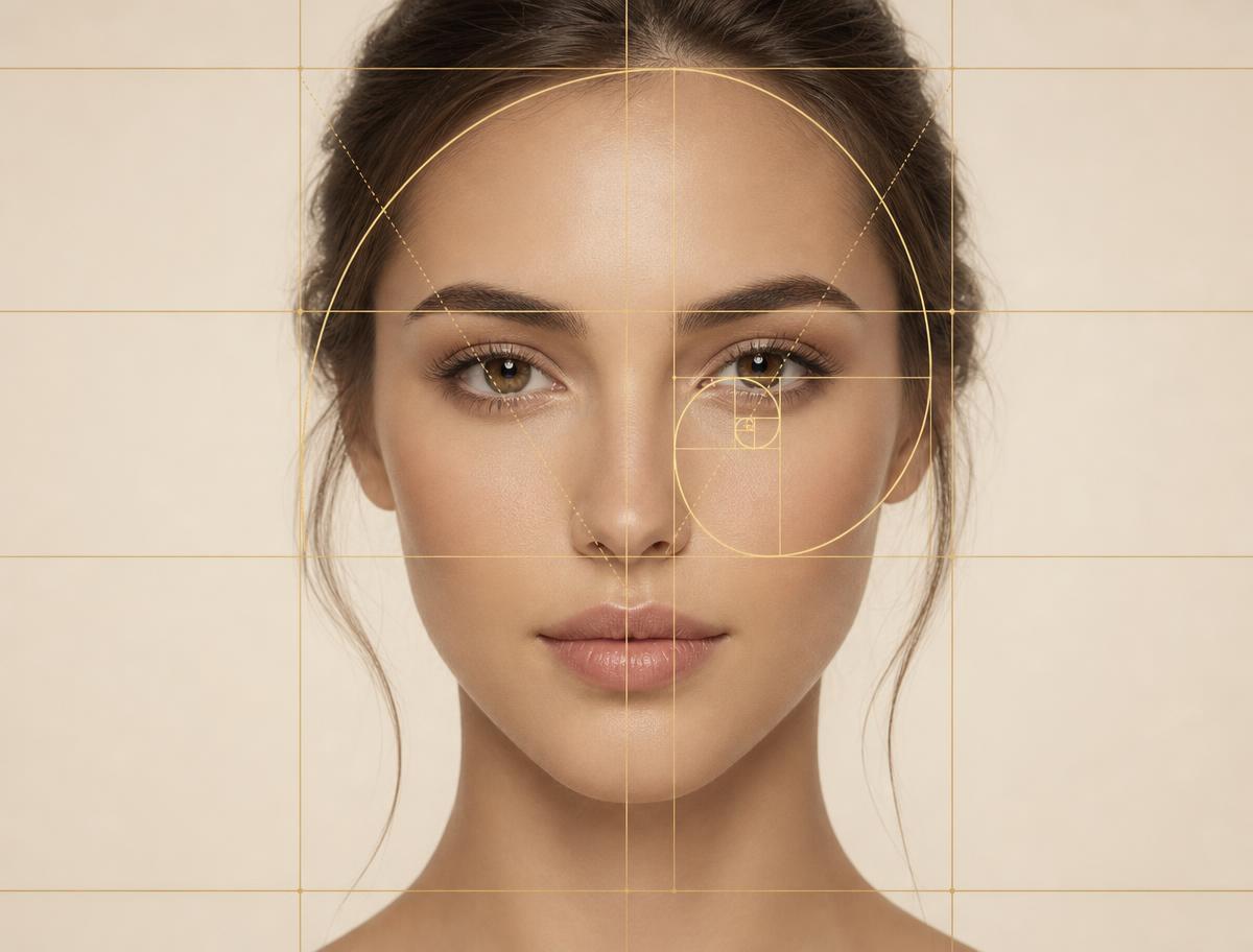 Espiral y proporciones de la proporción áurea superpuestas suavemente sobre un rostro femenino de frente.
